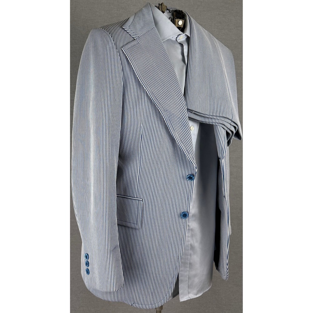 Vintage 70s Bespoke 2 Piece Suit Blue White Striped Blazer Pants 39R 31x29